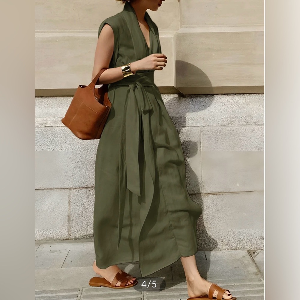 Olive green belted wrap around maxi dress size L